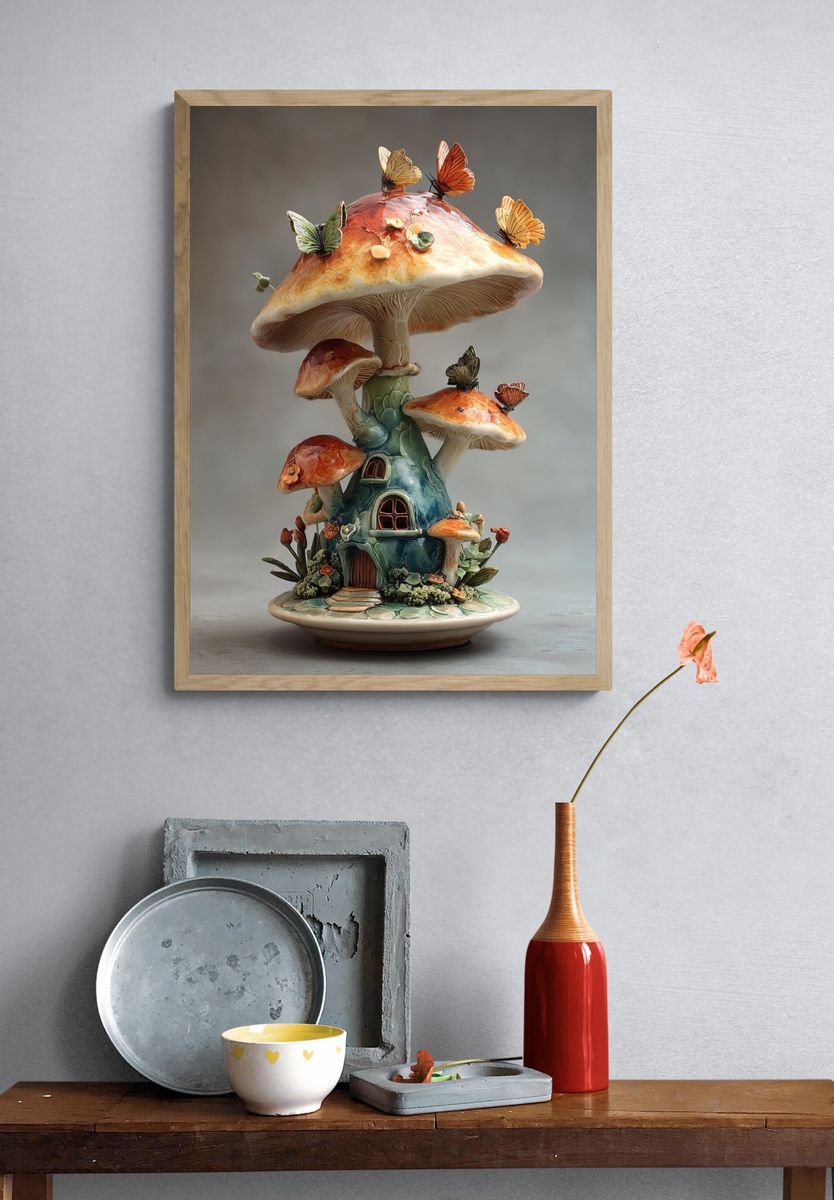 Butterfly Mushroom House Illustration Poster. — room view 3