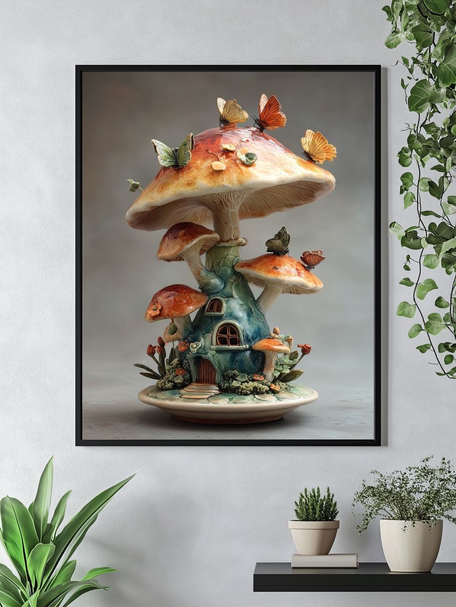 Butterfly Mushroom House Illustration Poster. — room view 4