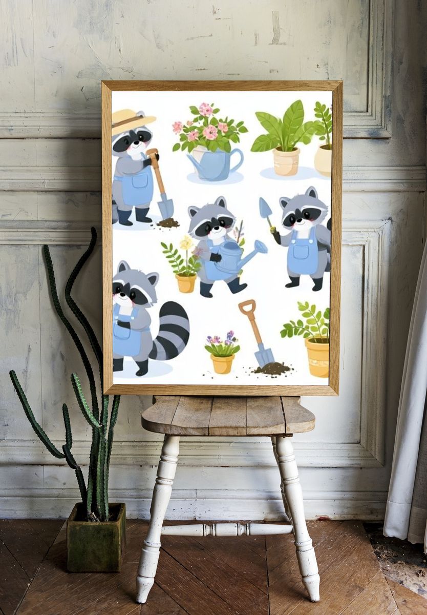 Garden Raccoon Illustration Poster. room preview