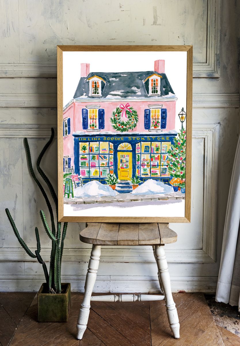 Pink Bookstore Watercolor Print. room preview