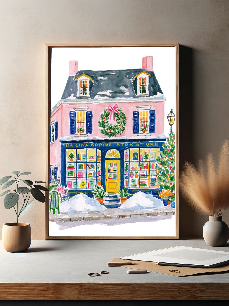 Pink Bookstore Watercolor Print. — room view 2