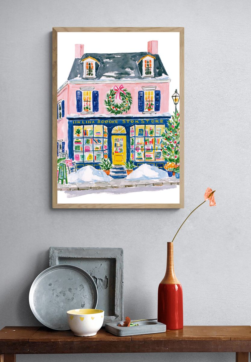 Pink Bookstore Watercolor Print. — room view 3
