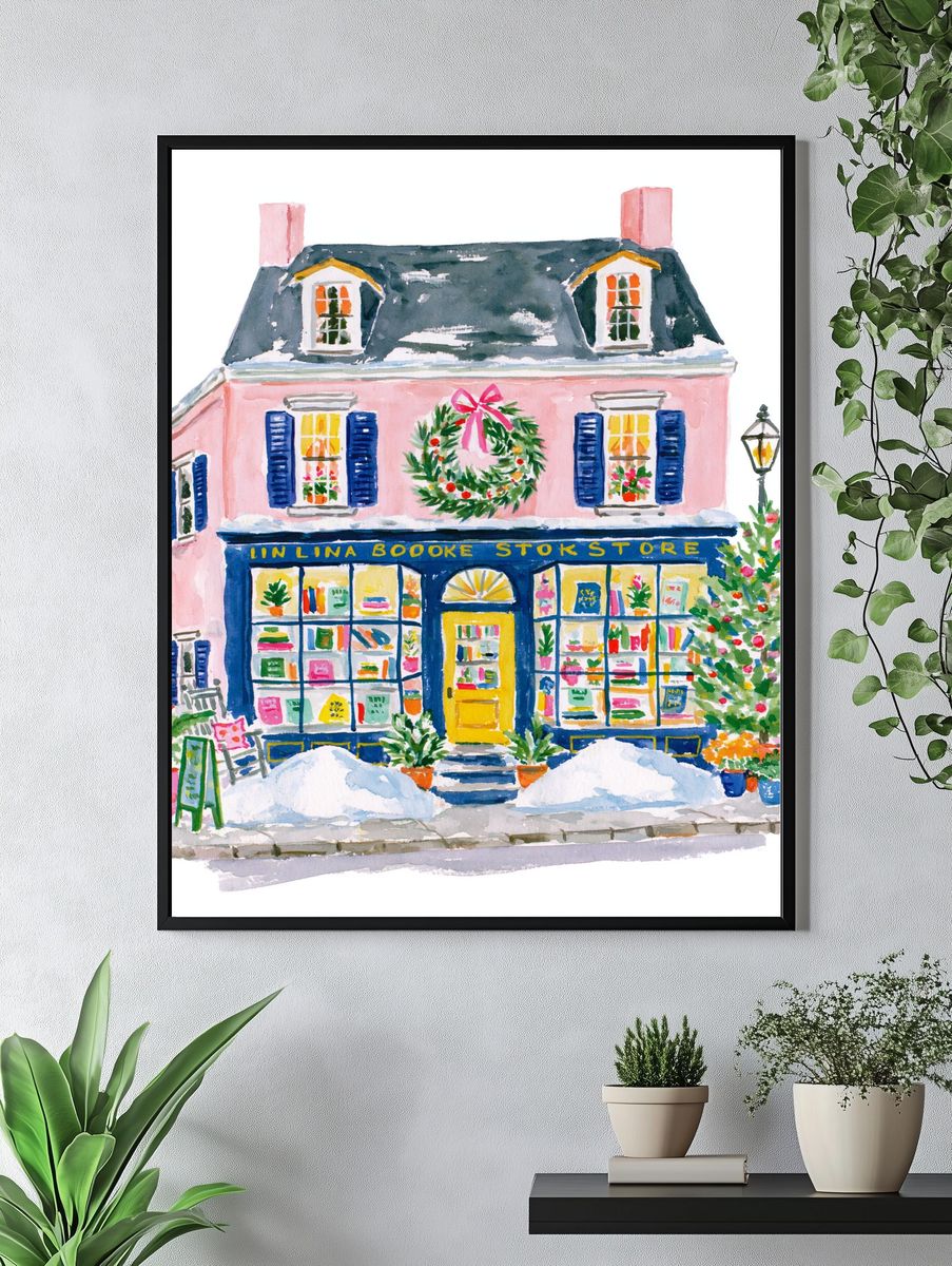 Pink Bookstore Watercolor Print. — room view 4