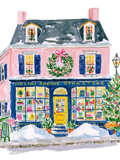 Pink Bookstore Watercolor Print.