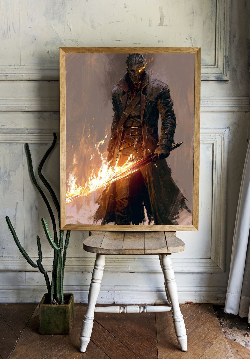 Flaming Swordsman Digital Art Poster. room preview