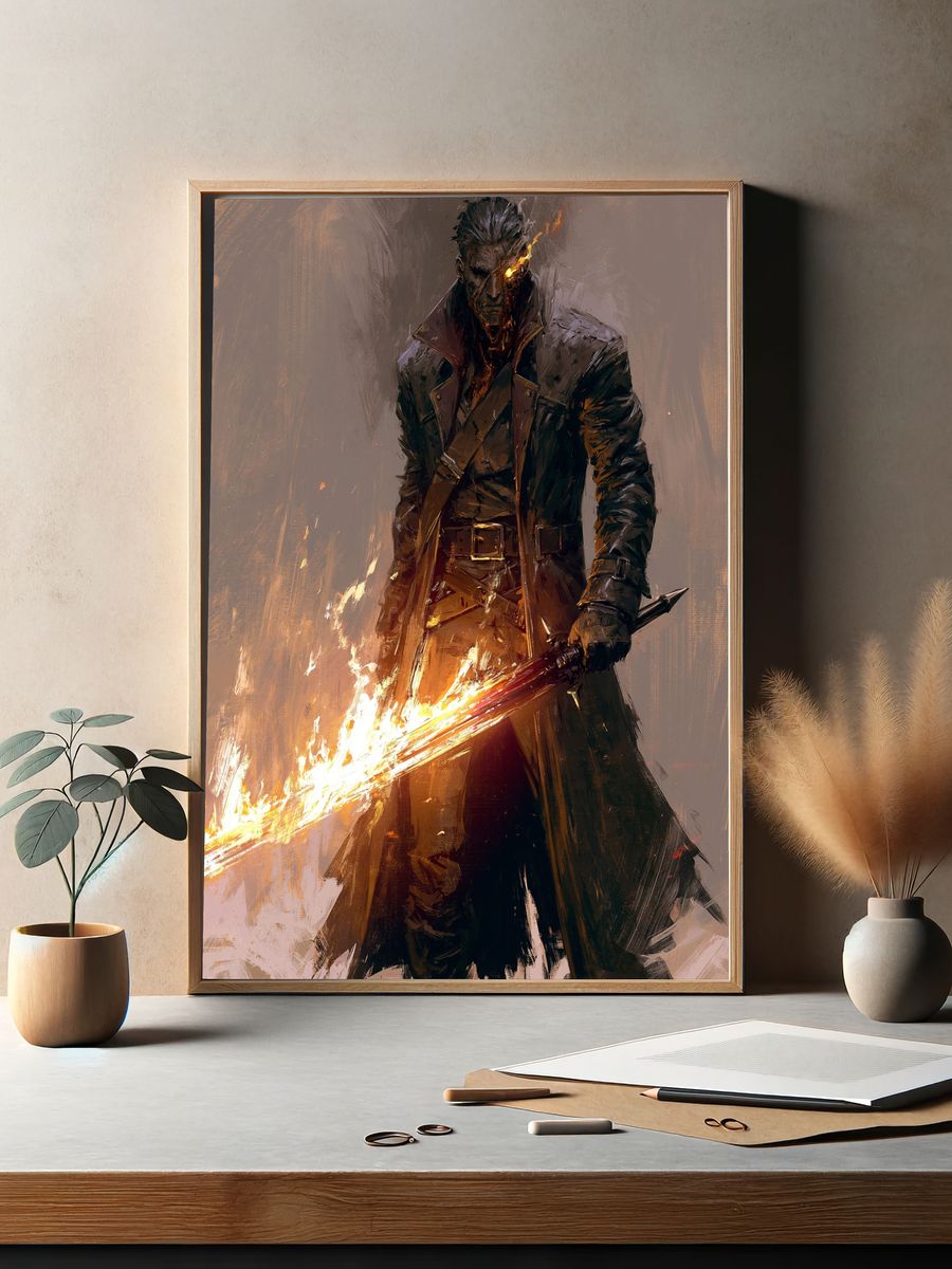 Flaming Swordsman Digital Art Poster. — room view 2