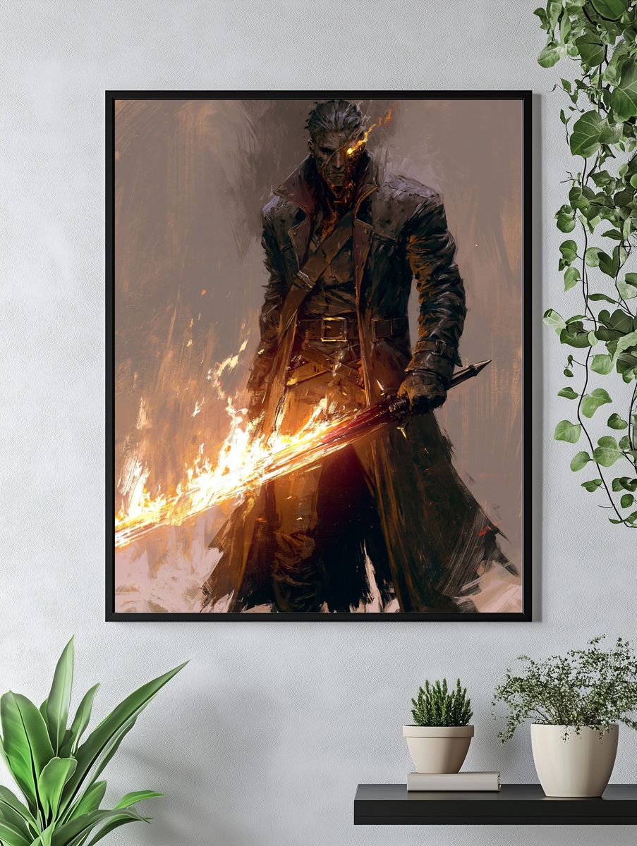 Flaming Swordsman Digital Art Poster. — room view 4