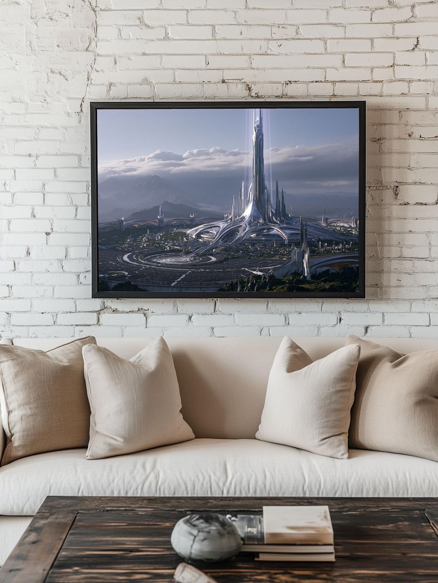 Futuristic Citadel Landscape Print. room preview
