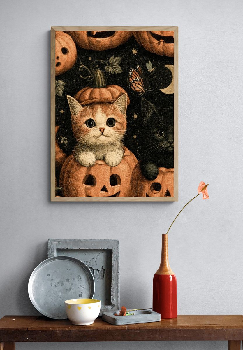 Halloween Kittens Illustration Poster. — room view 3