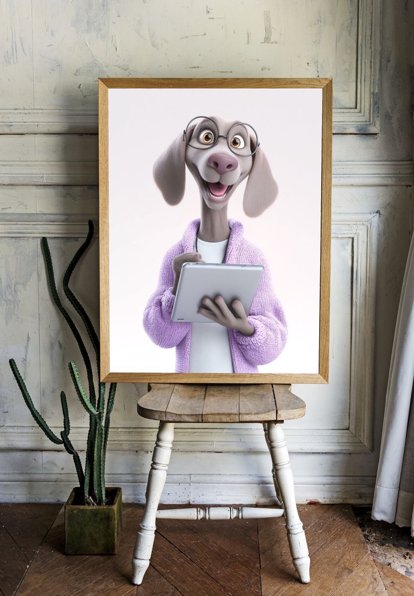 Smiling Dog with Tablet Illustration Poster. — room view 1