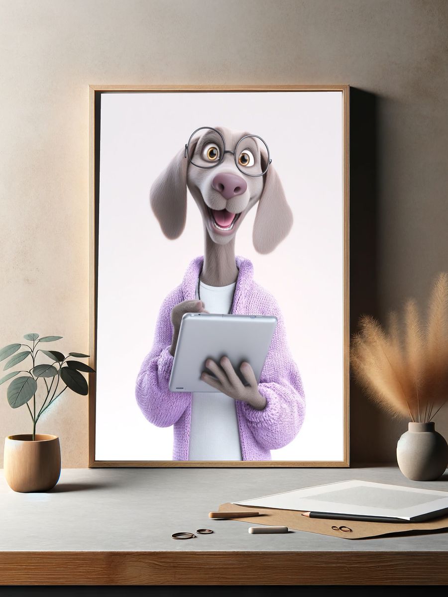 Smiling Dog with Tablet Illustration Poster. — room view 2
