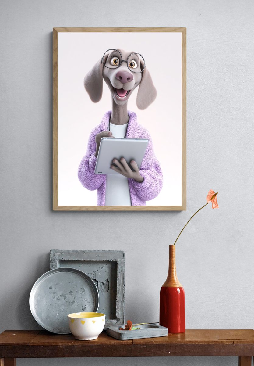 Smiling Dog with Tablet Illustration Poster. — room view 3