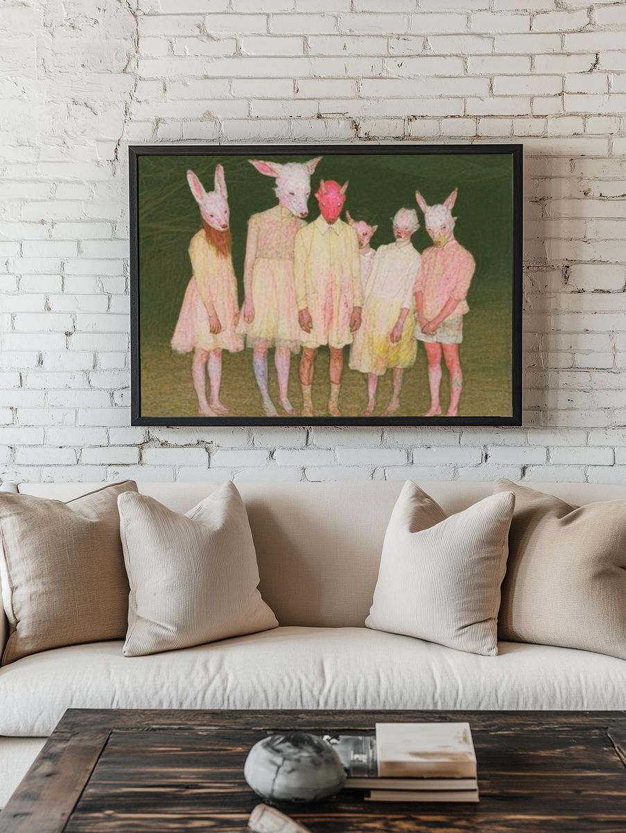 Rabbit Mask Group Illustration Poster. room preview