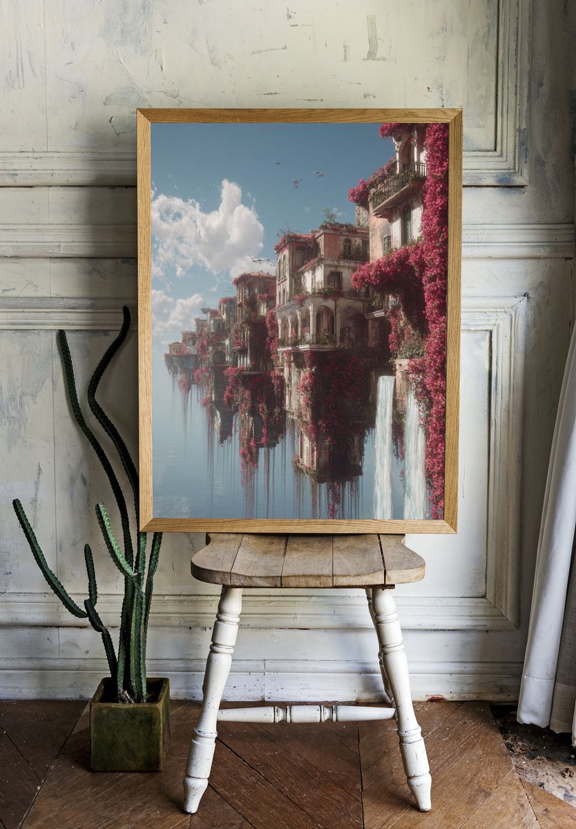 Floating Cliffside Village Fantasy Print. room preview