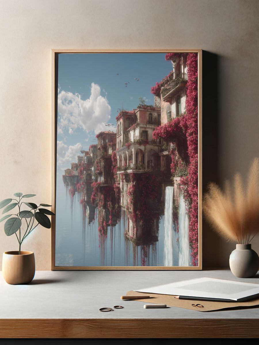 Floating Cliffside Village Fantasy Print. — room view 2