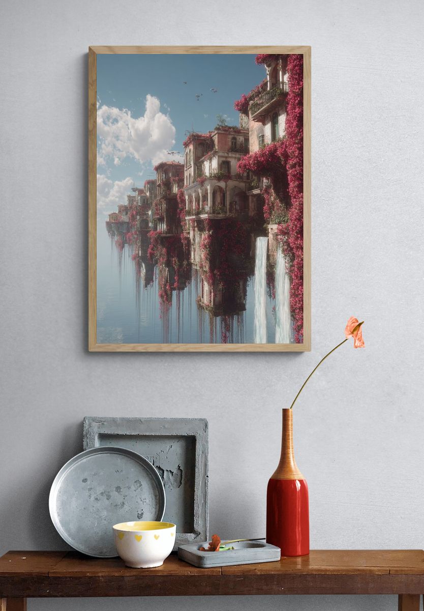 Floating Cliffside Village Fantasy Print. — room view 3