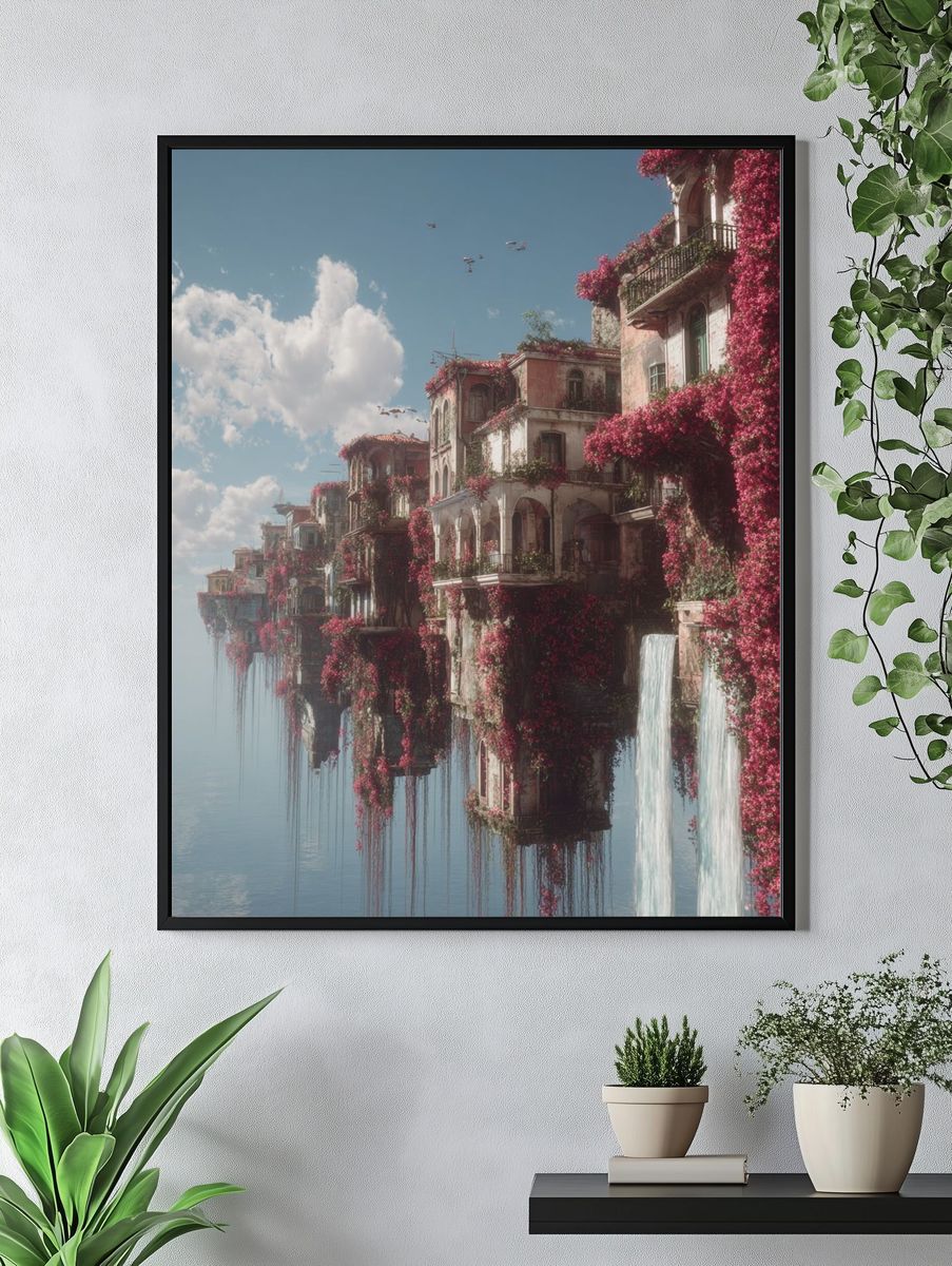 Floating Cliffside Village Fantasy Print. — room view 4