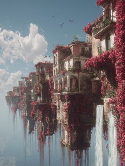 Floating Cliffside Village Fantasy Print.