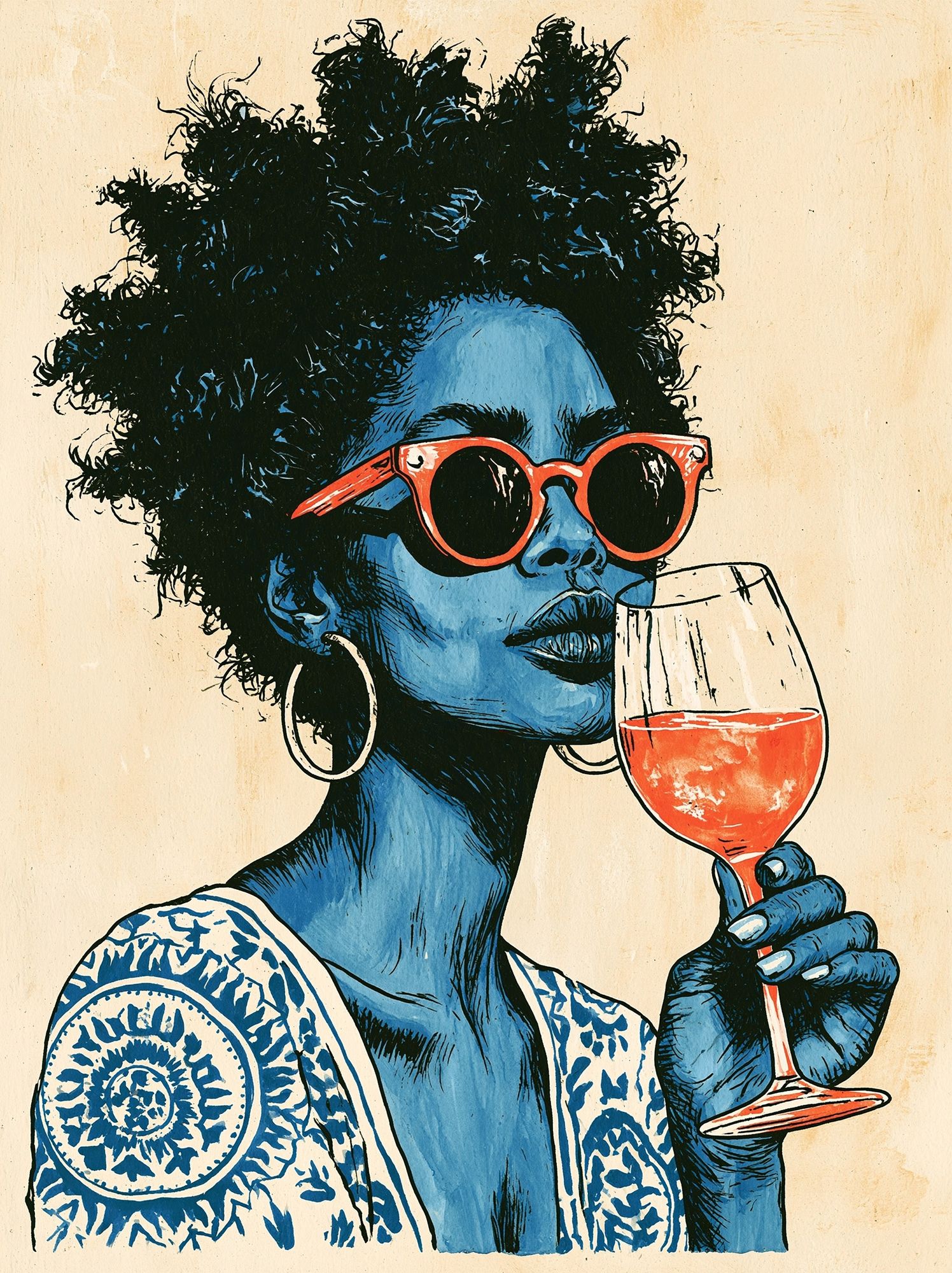 Blue Portrait with Wine Glass Print. poster — illustration art