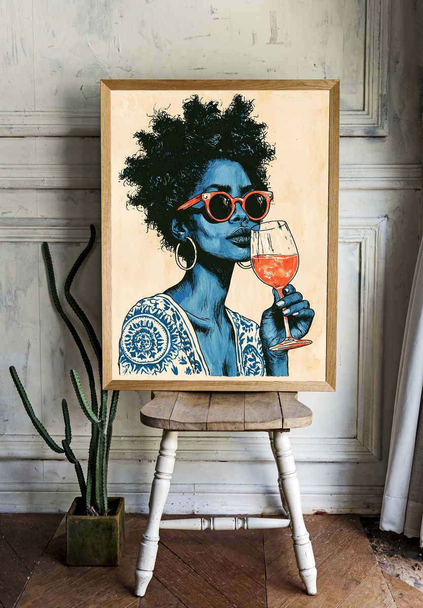 Blue Portrait with Wine Glass Print. — room view 1