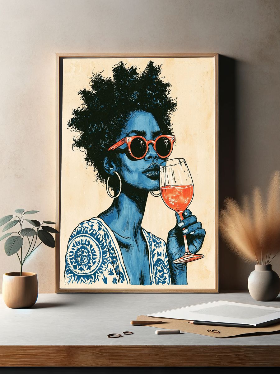 Blue Portrait with Wine Glass Print. — room view 2