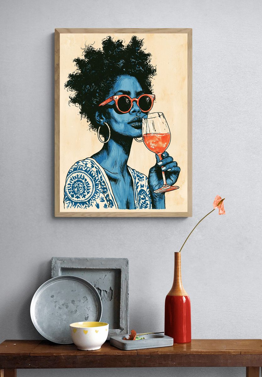Blue Portrait with Wine Glass Print. — room view 3