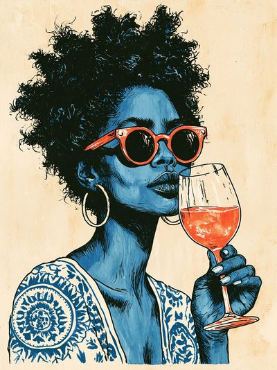 Blue Portrait with Wine Glass Print. poster
