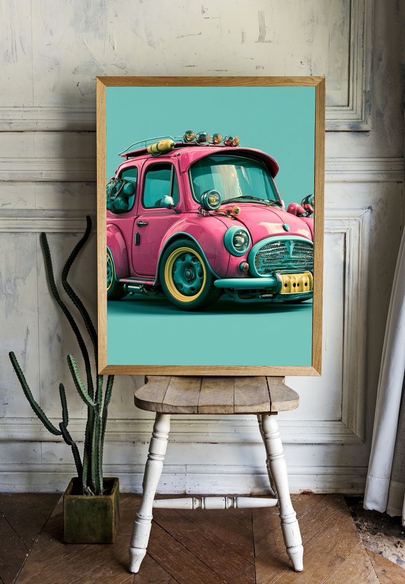 Retro Pink Mini Car Poster. room preview