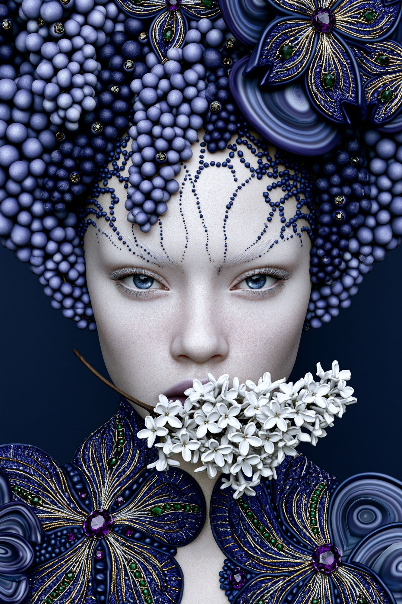 Blue Floral Portrait Digital Art Print. poster — illustration art