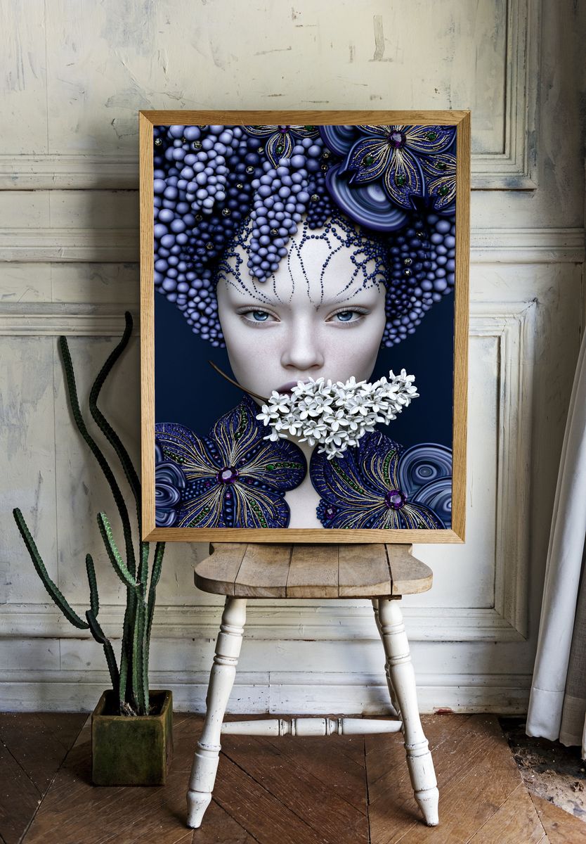 Blue Floral Portrait Digital Art Print. — room view 1