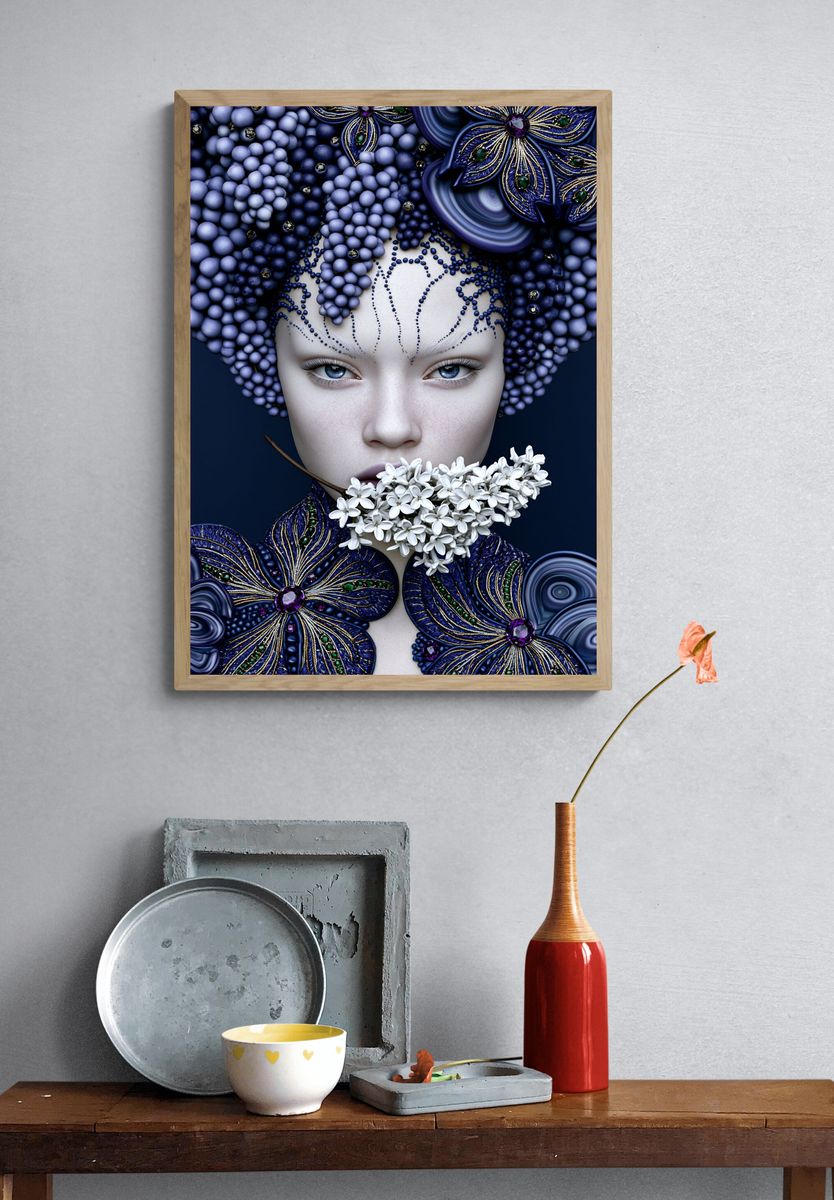 Blue Floral Portrait Digital Art Print. — room view 3