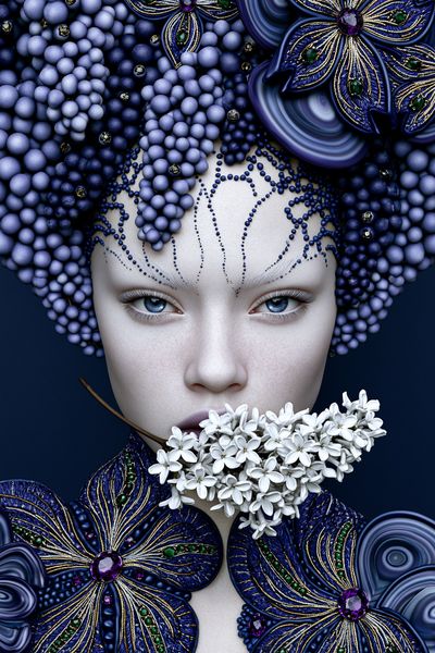 Blue Floral Portrait Digital Art Print. poster