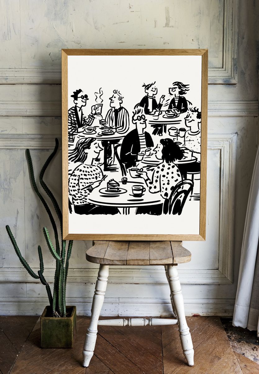 Cafe Conversation Line Art Poster. — room view 1