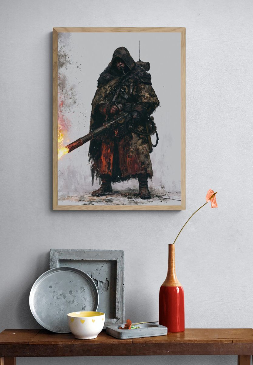 Flame-Wielding Warrior Illustration Poster. — room view 3