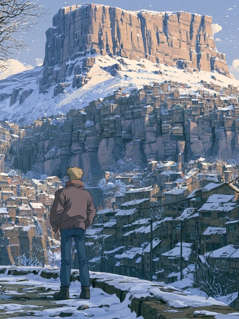 Snowy Mountain Village Illustration Poster. poster detail