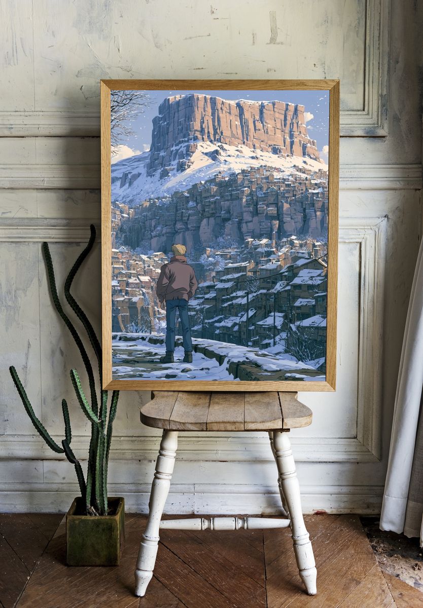 Snowy Mountain Village Illustration Poster. — room view 1