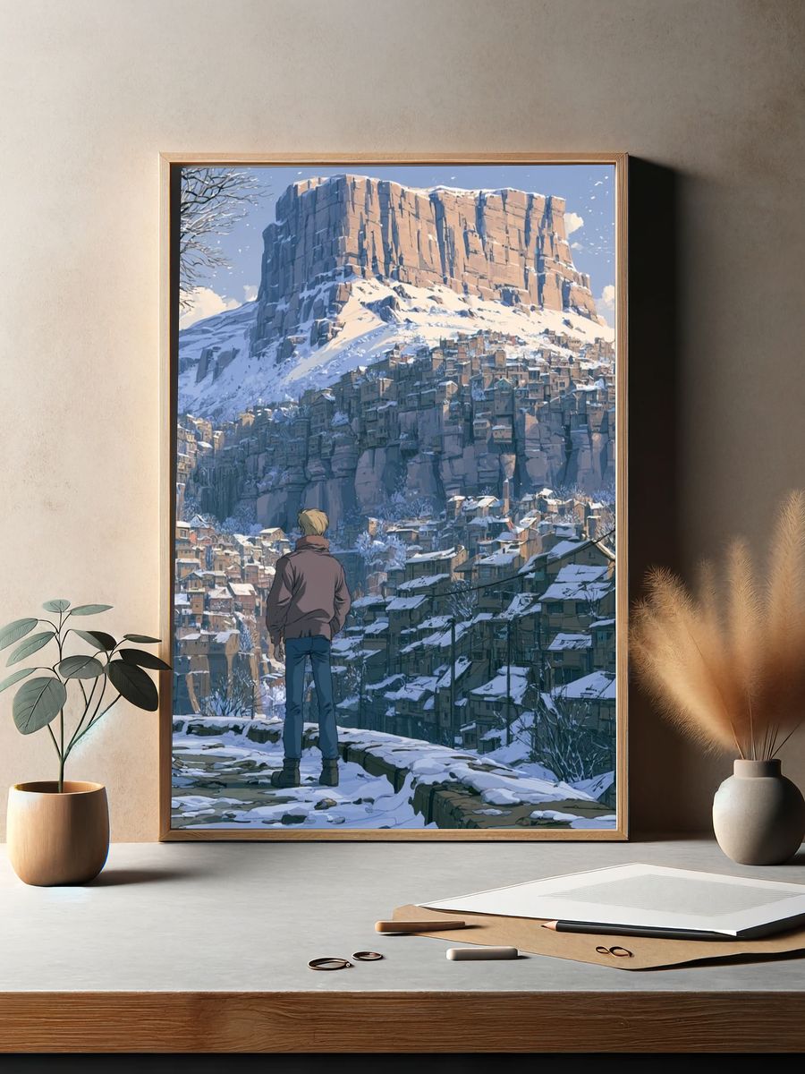 Snowy Mountain Village Illustration Poster. — room view 2