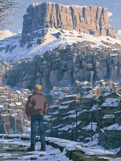 Snowy Mountain Village Illustration Poster.