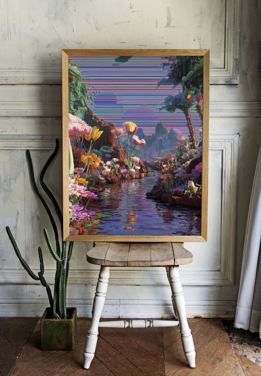 Surreal Floral River Digital-Art Poster. — room view 1