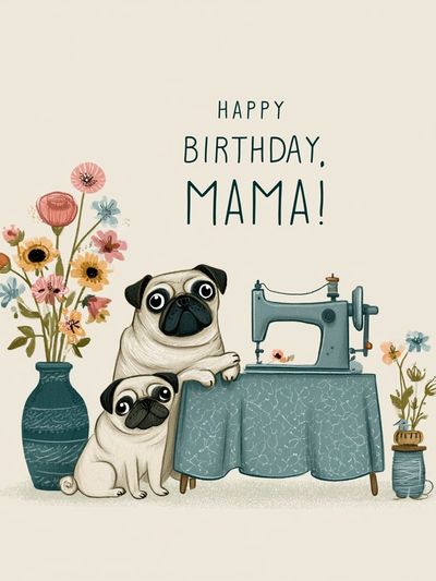 Happy Birthday Mama Pug Illustration Poster.