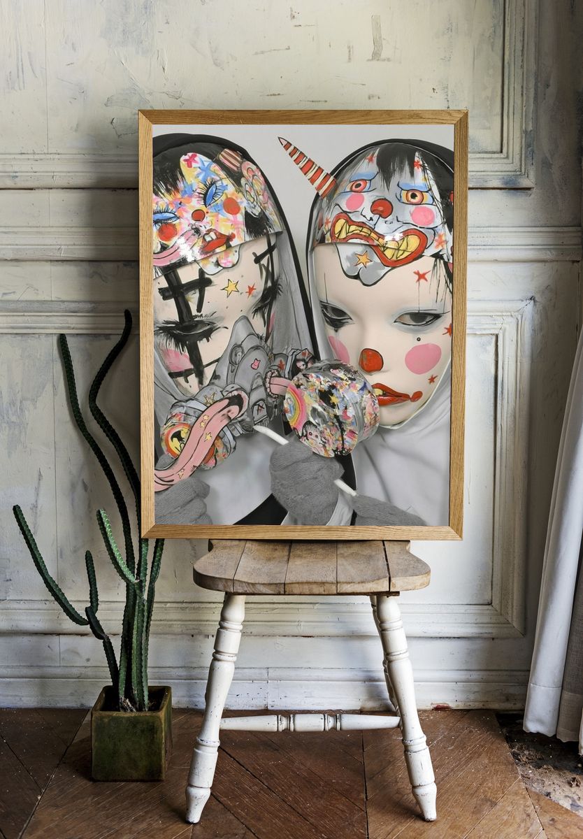 Surreal Clown Masks Illustration Poster. — room view 1