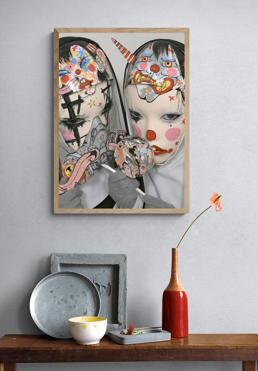 Surreal Clown Masks Illustration Poster. — room view 3