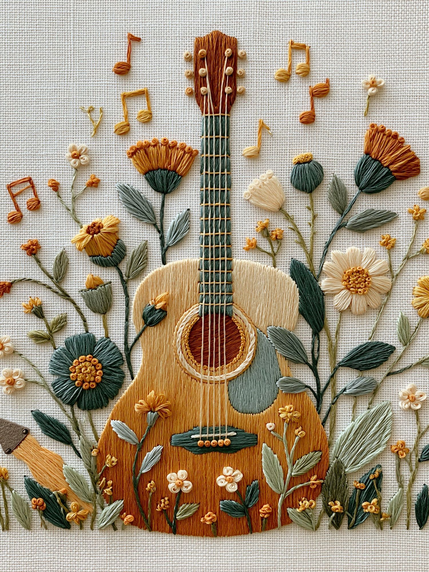Floral Guitar Embroidery Print. poster — illustration art