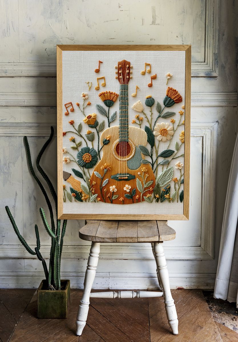 Floral Guitar Embroidery Print. room preview