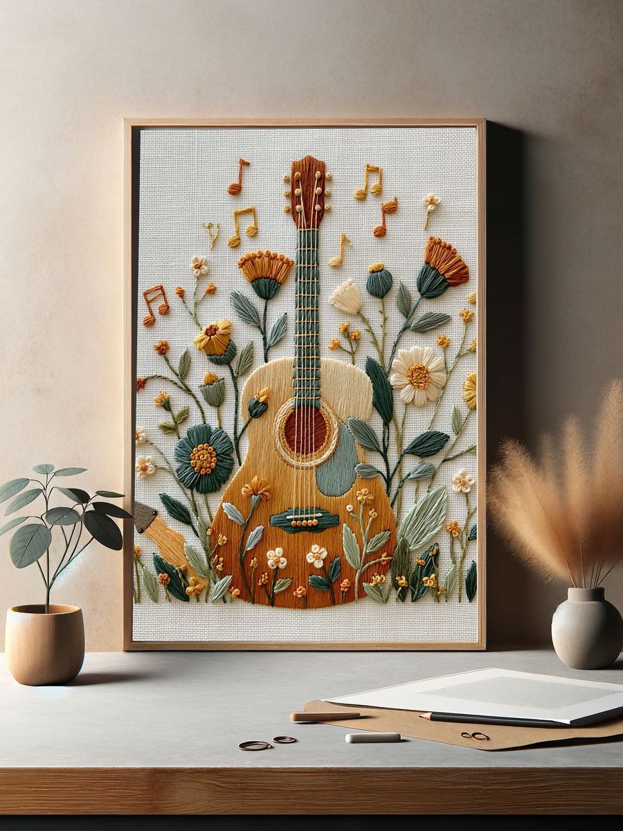 Floral Guitar Embroidery Print. — room view 2