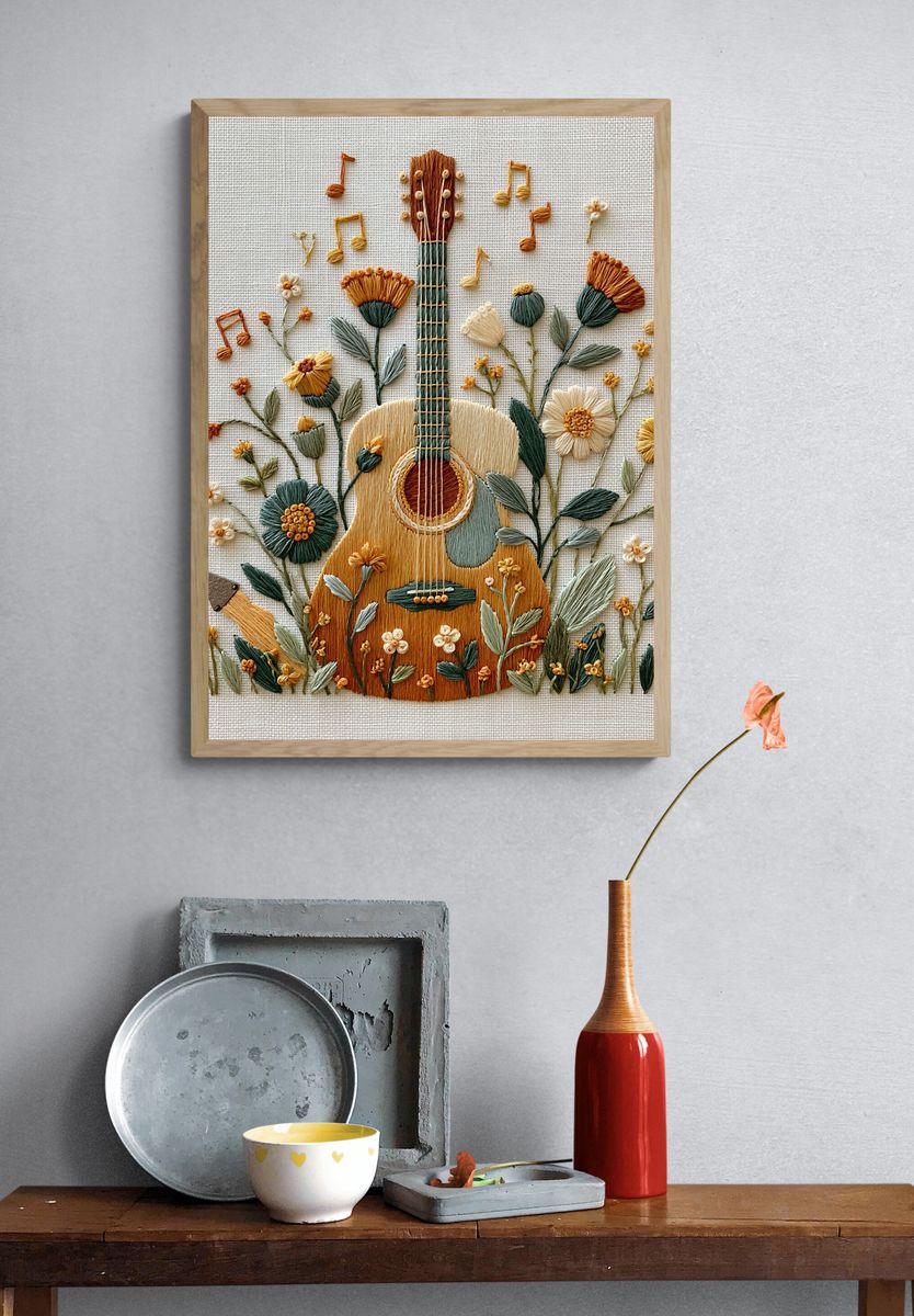 Floral Guitar Embroidery Print. — room view 3