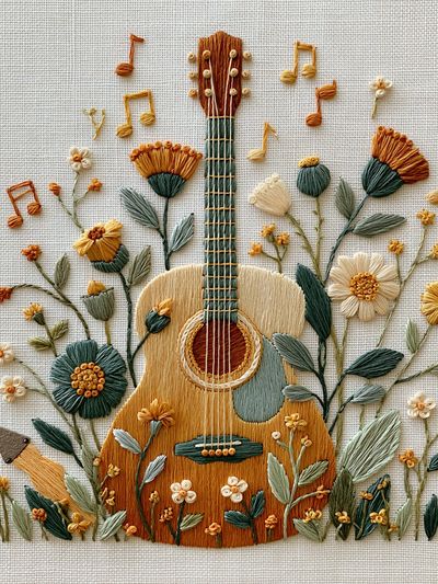 Floral Guitar Embroidery Print.