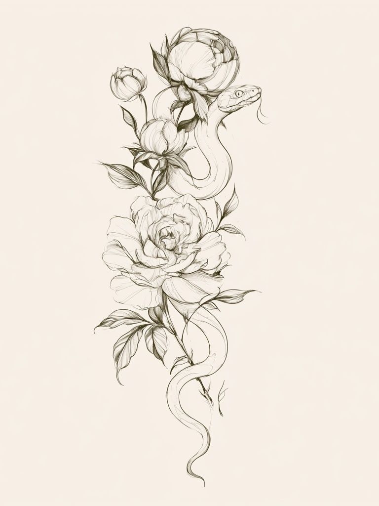 Snake and Peonies Illustration Poster. poster detail