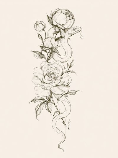 Snake and Peonies Illustration Poster.