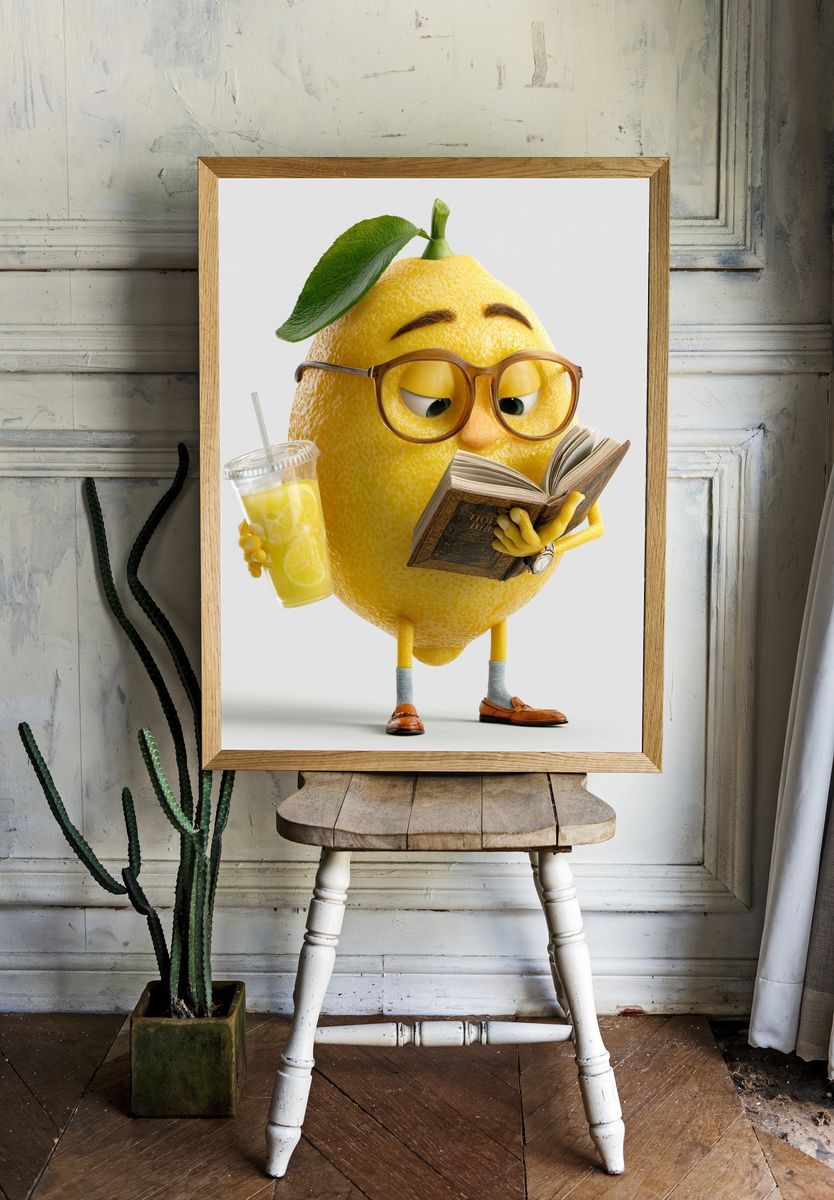 Reading Lemon Character Illustration Poster. — room view 1